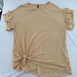 NEW 1Clique Women's Gold & White Striped Drape Fit Ruffle Sleeves Top Size 1X